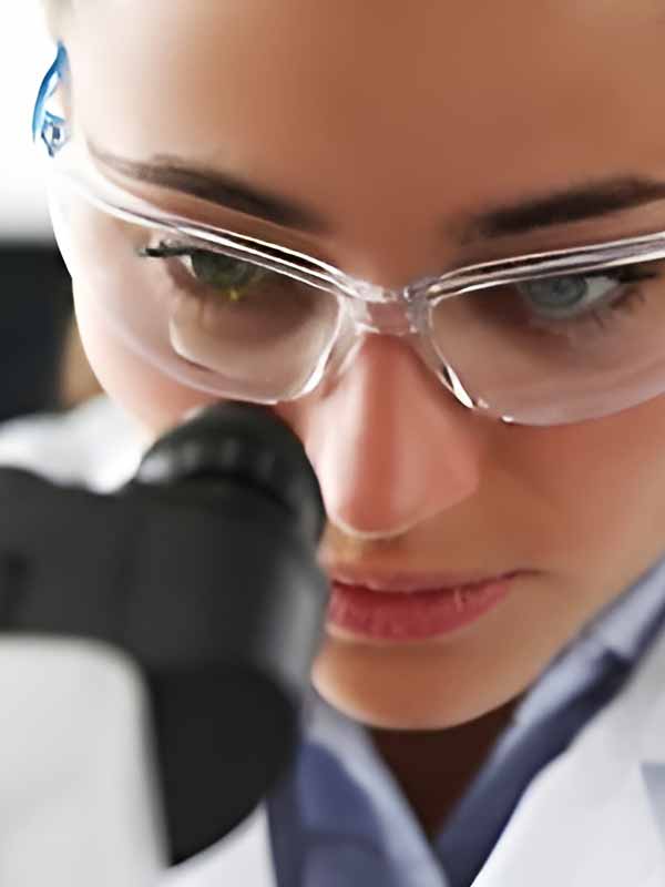 Scientifique mène des recherches au microscope dans un labo.